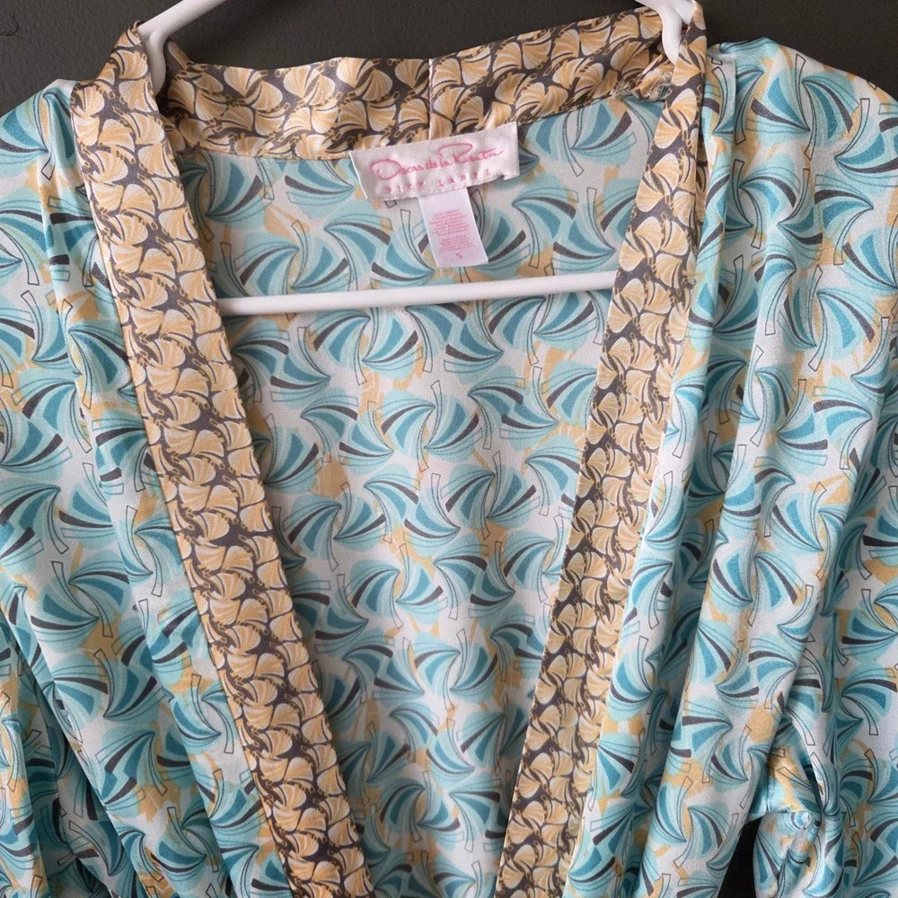 Oscar de‎ la Renta Pink Label Satin Robe S Turquoise Gold Fan Print Kimono Wrap